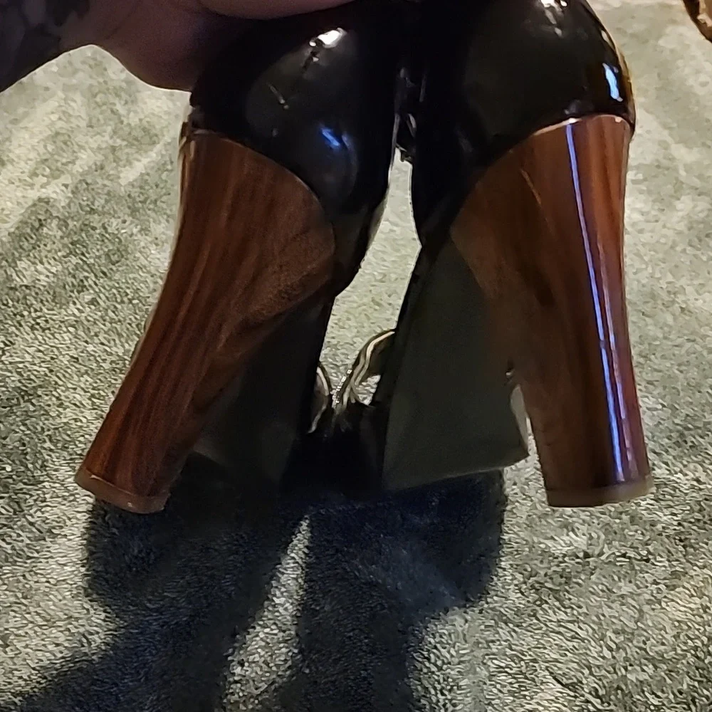 Vintage Retro Sexy Patent peep toe platform Wood Finish heels Ankle Strap
